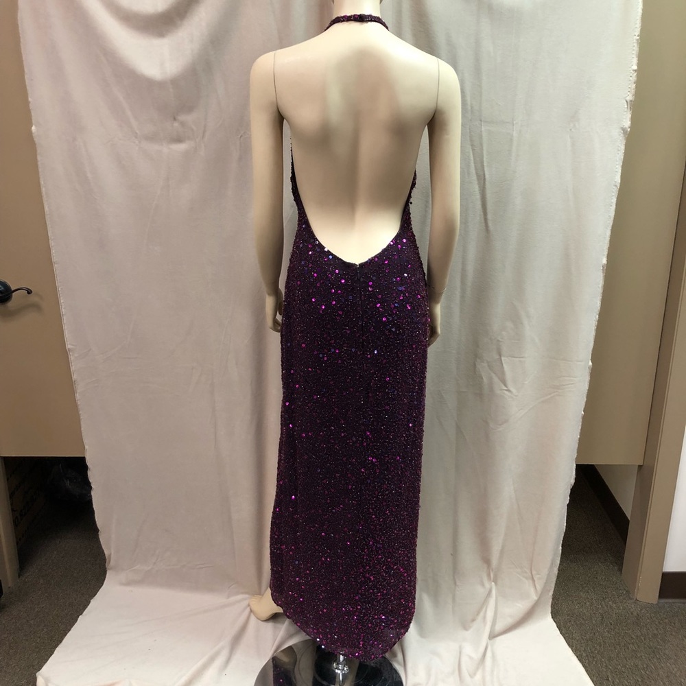 Vintage Fully Beaded/Sequin Wine Halter Gown - Picture 4 of 8